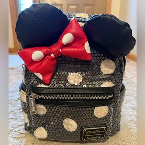 Loungefly Sequin Polka Dot Backpack with Red Bow